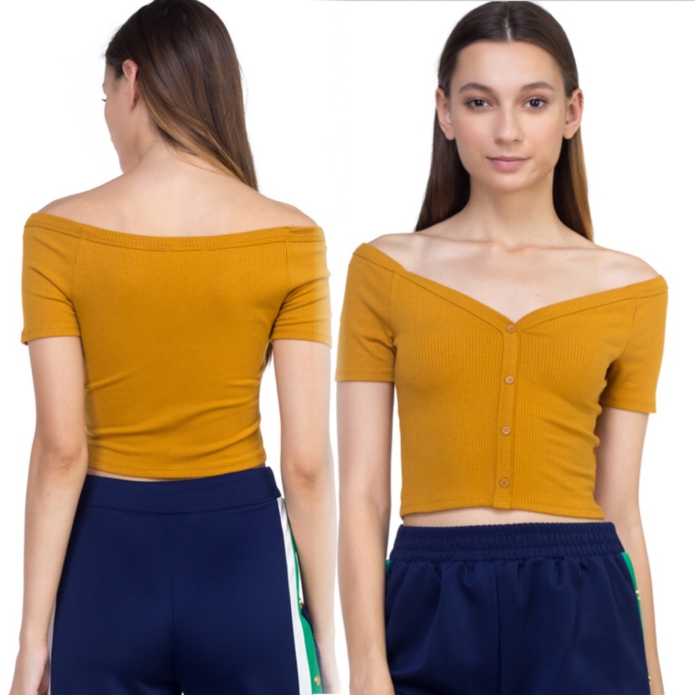 Mustard Off-Shoulder Button-Up Top - Picture 3 of 7